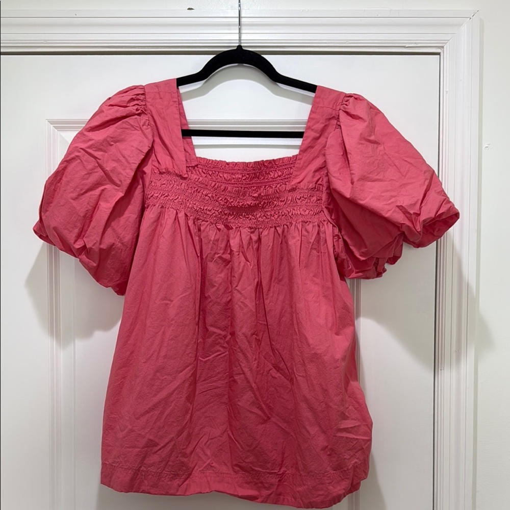Anthropologie Pink Puff Sleeve Smocked Blouse